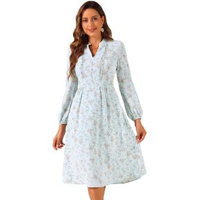 Allegra K Women's Floral Print V Neck Long Sleeve High Waist Pleated Front Spring Flowy Midi Boho Dress