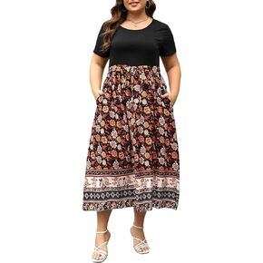 Nemidor Womens Plus Size Summer Short Sleeve Boho Print Flared Long Dress with Pocket NEM530