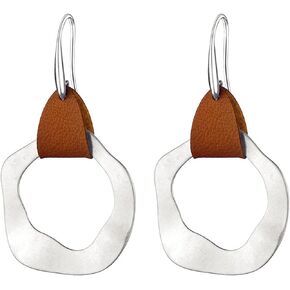 Geometric Faux Leather Dangle Drop Earrings for Women Girls Silver Plated Boho Creative Simple Irregular Hollow Out Metal Circle Round Oval Hook Earrings for Minimaist Fashion Jewelry Gifts