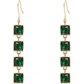 Long Green Crystal Tassel Earrings Gold Rectangular Dangle Drop Earrings for Women Girls Geometric Threader Earrings