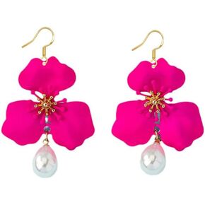 Flower Earrings Double-Layer Blossom Earrings Long Flower Dangle Pearl Tassel Earring for Girls Pink Rose Floral Earrings Jewelry for Women Friends