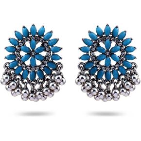 Vintage Turquoise Chandelier Dangle Earrings for Women Girls Traditional Indian Jhumka Jhumki Drop Dangling Earring Birthstone Crystal Flower Lightweight Mexico Tassel Bollywood Retro Wedding Christmas Jewelry Gifts