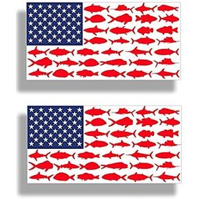 2 pcs American Flag Fish Stickers, 5 inches - Kayak, Car Bumper, Toolbox, Hard Hat, Fishing Toolbox, Boat Decal