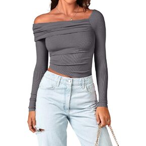 MASCOMODA Womens Tops One Off Shoulder Long Sleeve Shirts Trendy Ribbed Knit Ruched Going Out Blouse Slim Fitted Tee Shirts