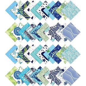 Soimoi Beach Ocean Print Precut 5-inch Cotton Fabric Quilting Squares Charm Pack DIY Patchwork Sewing Craft- Blue
