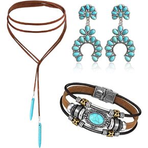 MJartoria Native American Bohemian Feather Charm Handmade PU Leather Choker Necklace Turquoise Necklace