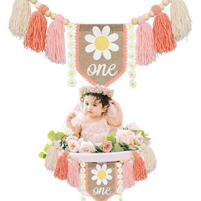 Handmade Boho 1st Birthday High Chair Banner Daisy Party Decoration For Girl Baby Shower Wall Hangings Decorative Pink And Orange Banner