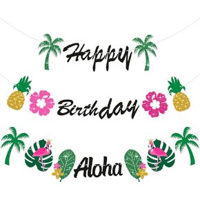 3 Pieces Hawaiian Happy Birthday Banner Tropical Aloha Happy Birthday Banner Garland Luau Birthday Banner for Tropical Luau Beach Hawaiian Birthday Party Decorations
