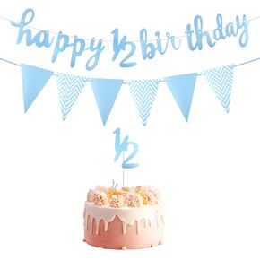 Happy 1/2 Birthday Banner Glitter Half Birthday 6 Months Happy Birthday Banner Happy Birthday Bunting Banner Birthday Party Decorations for Half Year Baby Shower, Light Blue