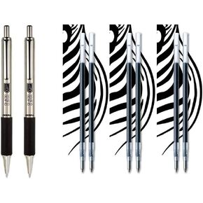 Zebra Pen G-402 Stainless Steel Retractable Gel Pen & Refills, Fine Point, 0.5mm, Black Ink, 2 Pens and 6 Refills