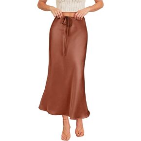 Women's Drawstring Satin Maxi Skirt High Waist Silk A Line Flowy Long Skirts