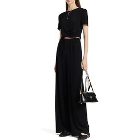 Summer 2 Piece Outfits For Women Acetate Short Sleeve Black T Shirt Knit Tops and Wide Leg Pants Lounge Sets