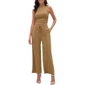 Women's Summer 2 Piece Outfits Ribbed Knit Lounge Sets Ruched Sleeveless Cropped Top Casual Wide Legs Pants