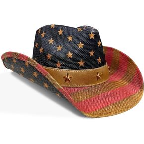 Camlinbo 4th of July Vintage American Flag Cowboy Hat Straw Western Style Adjustable Cowgirl Hat for Men Women Patriotic Independence Day Memorial Day Multicolor
