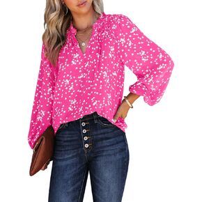 BLENCOT Women's Casual Boho Floral Print Chiffon Blouses Smocked V Neck Long Sleeve Loose Tops Shirts in Kuwait