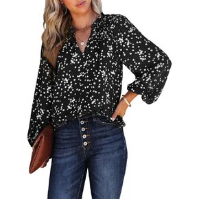 BLENCOT Women's Casual Boho Floral Print Chiffon Blouses Smocked V Neck Long Sleeve Loose Tops Shirts
