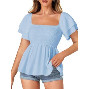 LYANER Women's Square Neck Shirred Top Ruffle Short Sleeve Babydoll Smocked Blouse