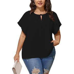 Plus Size Blouses for Women V Neck Short Sleeve Summer Tops Drawstring Blouse Loose Casual Flowy Shirts