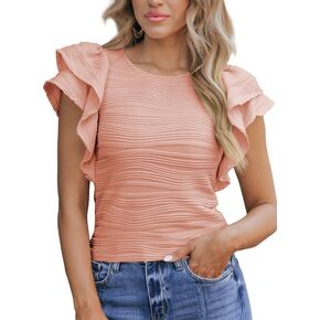 SHEWIN Womens Tops Casual Crewneck Ruffle Short Sleeve T Shirts Slim Fit Dressy Blouses