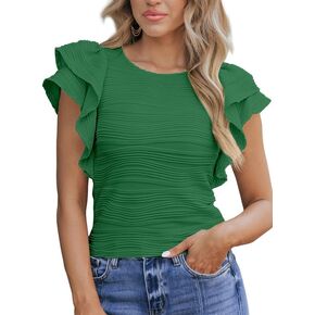 SHEWIN Womens Tops Casual Crewneck Ruffle Short Sleeve T Shirts Slim Fit Dressy Blouses in Saudi Arabia