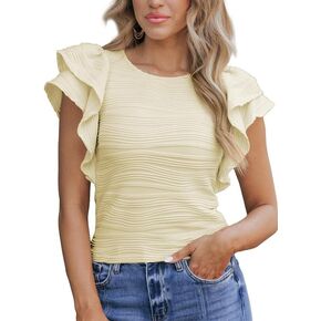 SHEWIN Womens Tops Casual Crewneck Ruffle Short Sleeve T Shirts Slim Fit Dressy Blouses