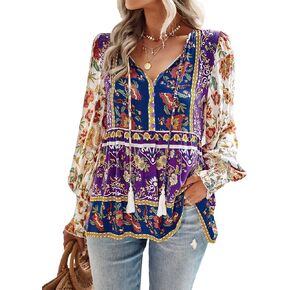 OYOANGLE Women's Floral Print Tassel Tie V Neck Long Lantern Sleeve Shirred Peplum Blouse Top