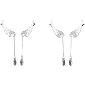 2 Pairs Clip On Angel Wing Earrings Angel Wing Silver Plated Crystal Tassel Chain Drop Dangle Ear Cuff Stud Rhinestone Pendant Clip Earrings Angel Wing Tail Long Dangle Tassel Drop Statement Earrings
