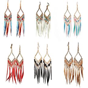 2/6 Pairs Bohemian Earrings Set Feather Tassel Gold Ethnic Retro Boho Dangle Earring Bead Jewelry Birthday Party Gifts for Women Teen Girls