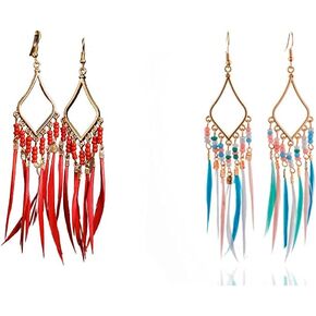 2/6 Pairs Bohemian Earrings Set Feather Tassel Gold Ethnic Retro Boho Dangle Earring Bead Jewelry Birthday Party Gifts for Women Teen Girls