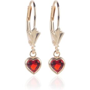 14k Yellow Gold Leverback Earrings with Cubic Zirconia Colored Heart Stone (6.4mm height), Gift Box Included