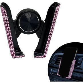 1 PC Bling Car Mobile Phone Holder, Personalized Rhinestone Design Elastic Adjustable Fully Automatic Opening Closing Air Conditioning Outlet Navigation Holder, for Most Car Models (Pink)
