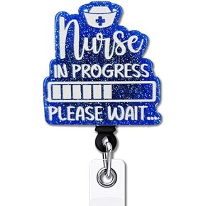 YAZMEEN Nurse Retractable Badge Reel with Alligator Clip RN in Progress Please Wait ID Card Badge Holder for RN Nurse Funny Black Glitter Badge Reel Gift for Medical Nurse Doctor Student Assistant