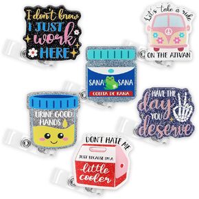 Xylolfsty 6 Pcs Funny Nurse Badge Reels Retractable with Alligator Clip, Cute Glitter Acrylic Nursing Badge Holder, Nurse Gifts for RN Students Teachers Doctors Office Coworkers Medical Workers in Kuwait