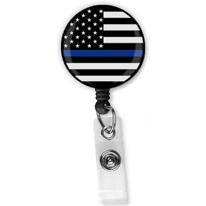 Blue Thin Line USA Flag Retractable Badge Reel Clip - Blue Line Patriotic American Holder ID for Lanyards Name ID Card