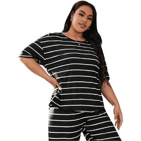 WDIRARA Women's Plus Size Striped Print Short Sleeve Round Neck Tops and Pants Pajama Set P J Sleepwear