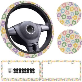5 Pack, Flowers Vintage Groovy Steering Wheel Cover Universal 15 Inch, Vintage Groovy Flowers License Plate Frames 2 Holes with Screw Caps, Car Cup Coasters 2.75" Car Accessories for Women
