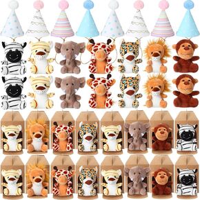 20 Pcs Safari Mini Jungle Animal Plush Toys Stuffed Forest Animals Plush Toys Set with 20 Birthday Hats 20 Paper Boxes Adopt Pet Gift for Kid Theme Birthday Favor(Brown)