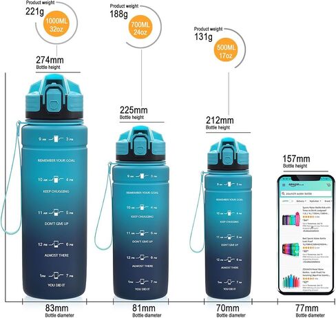 ZOUNICH Tritan BPA Free Water Bottle with Time Marker - 32oz/24oz/17oz Leakproof Motivational Sports Water Bottles to Ensure You Drink Enough Water Throughout The Day for Fitness and Outdoor Activity in Saudi Arabia