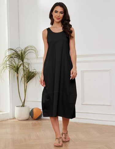 MISSACTIVER Women Scoop Neck Midi Tank Dress Casual Sleeveless Backless Beach Long Dress Basic Tshirt Sundresses with Pockets in Saudi Arabia