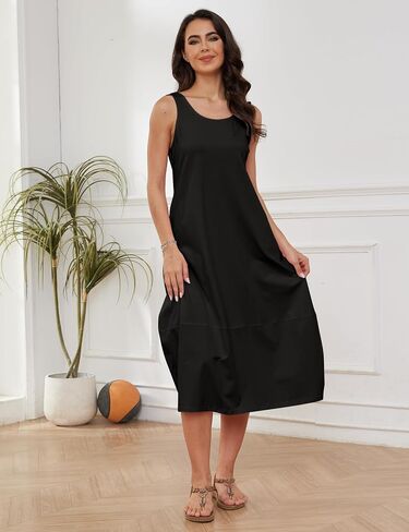 MISSACTIVER Women Scoop Neck Midi Tank Dress Casual Sleeveless Backless Beach Long Dress Basic Tshirt Sundresses with Pockets in Saudi Arabia