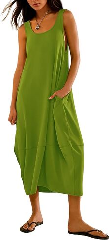 فستان نسائي من MISSACTIVER برقبة سكوب ميدي تانك فستان غير رسمي بدون أكمام بدون ظهر للشاطئ فستان طويل أساسي تي شيرت فساتين الشمس مع جيوب in Kuwait