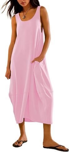 MISSACTIVER Women Scoop Neck Midi Tank Dress Casual Sleeveless Backless Beach Long Dress Basic Tshirt Sundresses with Pockets in Saudi Arabia