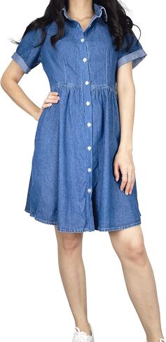 Denim Dress for Women Short Sleeve Button Down Jean Dresses Womens Casual Babydoll Denim Dresses with Pockets in Kuwait