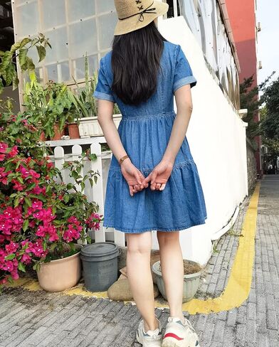 Denim Dress for Women Short Sleeve Button Down Jean Dresses Womens Casual Babydoll Denim Dresses with Pockets in Kuwait