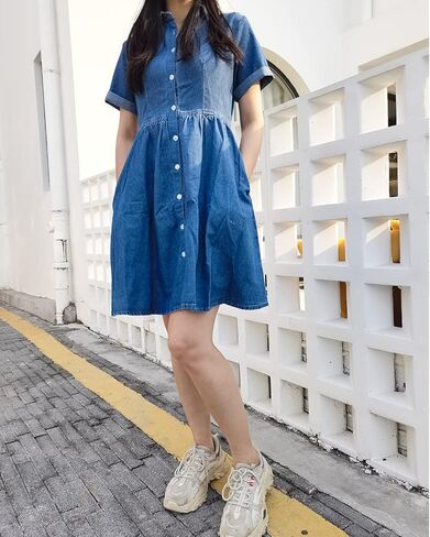 Denim Dress for Women Short Sleeve Button Down Jean Dresses Womens Casual Babydoll Denim Dresses with Pockets in Kuwait