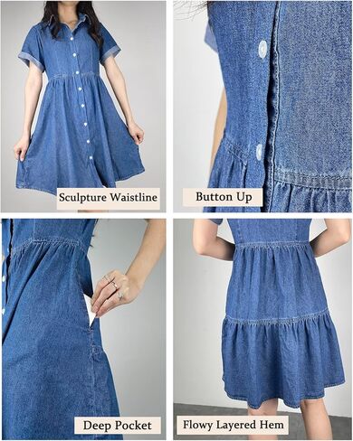 Denim Dress for Women Short Sleeve Button Down Jean Dresses Womens Casual Babydoll Denim Dresses with Pockets in Kuwait