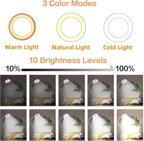 Clip on Light Reading Lights, 48 LED USB Desk Lamp with 3 Color Modes 10 Brightness, Flexible USB Clamp Bedside Lamp, Eye Caring Book Light for Studying/Working/Gaming (Black) in Saudi Arabia