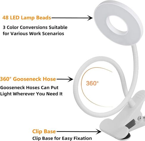 Clip on Light Reading Lights, 48 LED USB Desk Lamp with 3 Color Modes 10 Brightness, Flexible USB Clamp Bedside Lamp, Eye Caring Book Light for Studying/Working/Gaming (Black) in Saudi Arabia