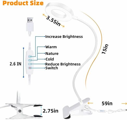 Clip on Light Reading Lights, 48 LED USB Desk Lamp with 3 Color Modes 10 Brightness, Flexible USB Clamp Bedside Lamp, Eye Caring Book Light for Studying/Working/Gaming (Black) in Saudi Arabia