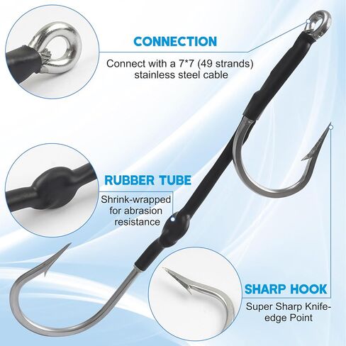 Double Hooks Rig for Trolling Chunking,4pcs Saltwater Trolling Hooks Stainless Steel Double Trolling Hooks Large Big Game Fishing Hooks for Marlin Shark Tuna Wahoo Dorado Fishing in Saudi Arabia